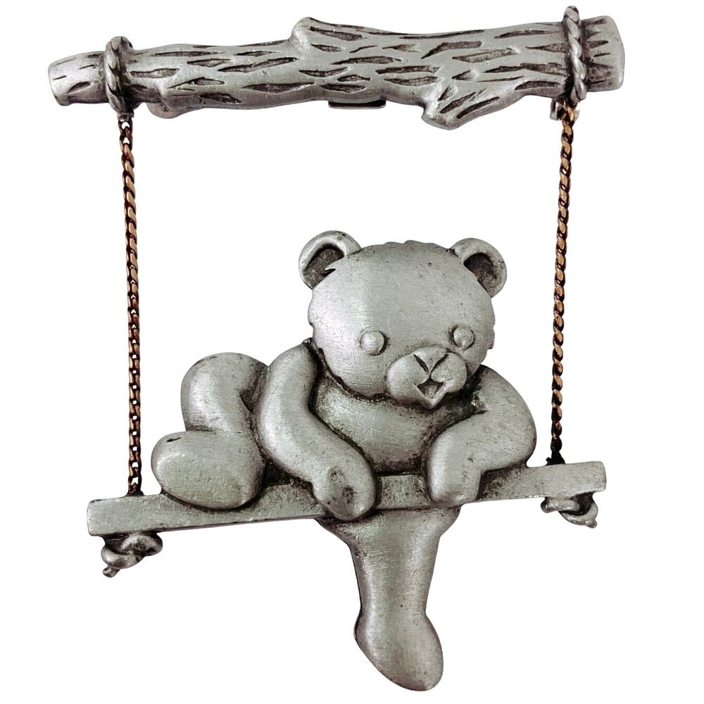 VTG Signed JJ Teddy Bear On Swing Pewter Tone Figural Brooch 1980s Cute Adorable